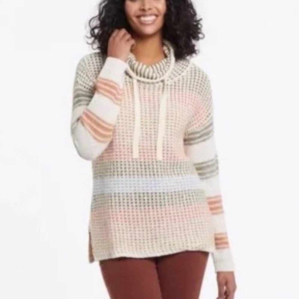 Tribal Cowl Neck Chunky Knit Sweater Womens Large Petite Cream Boho Boho Coastal